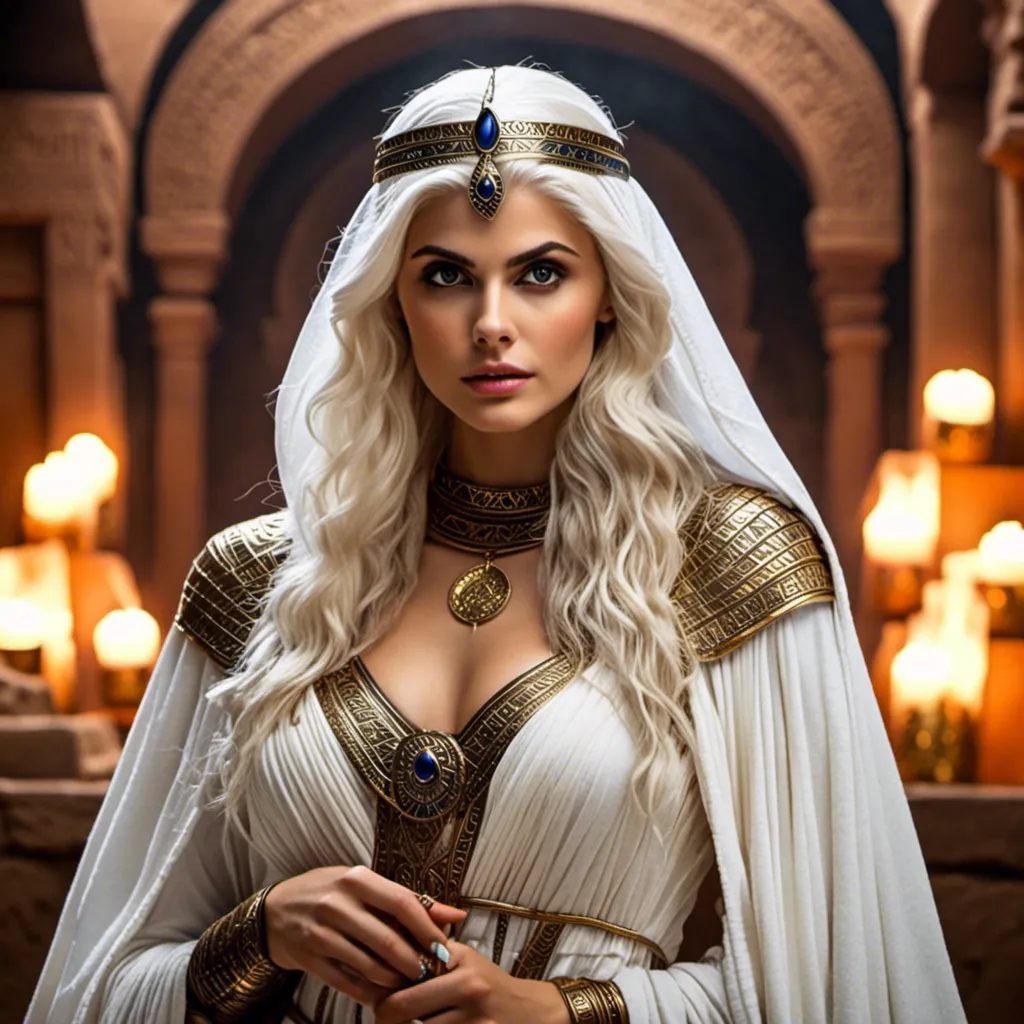 Prompt: <mymodel> Alexandra Daddario (magical glowing eyes:1.2) (best quality), (masterpiece), a medieval fantasy desert sorceress, long pinkish white hair (divine atmosphere:1.2), (pattern details:1.1), (intricate design), (intricate details:1.15), (ethereal vibes)