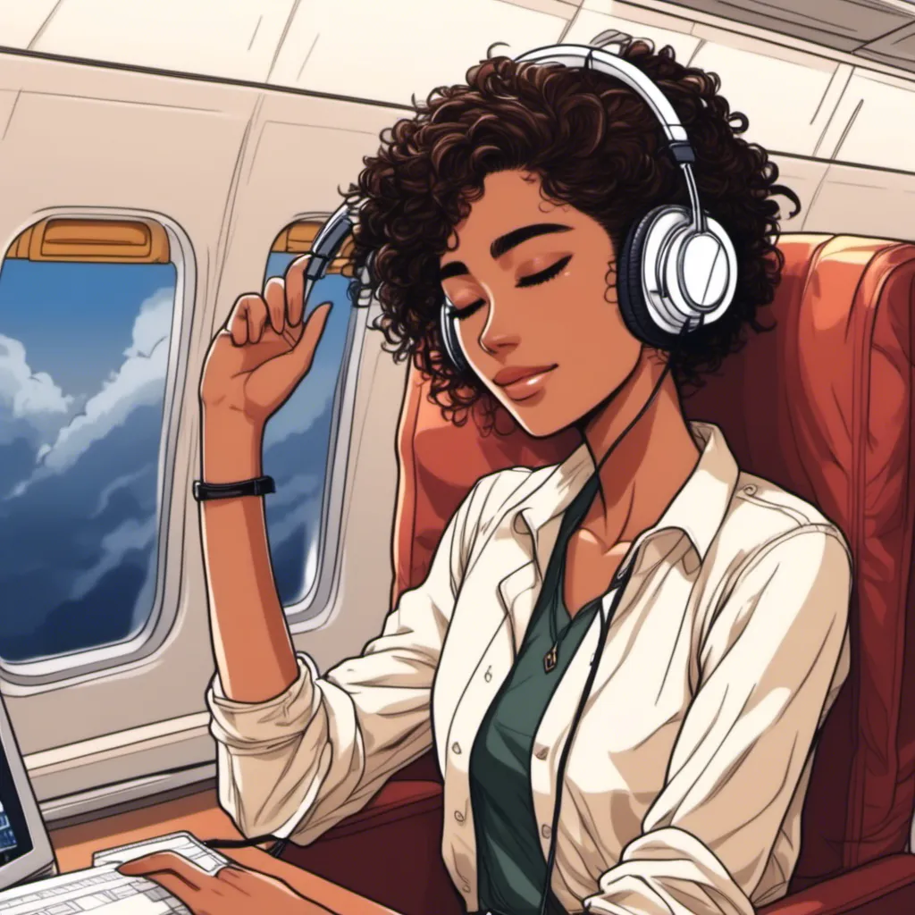 Prompt: <mymodel> a sales rep listening to music  while on her headsets on a plane
