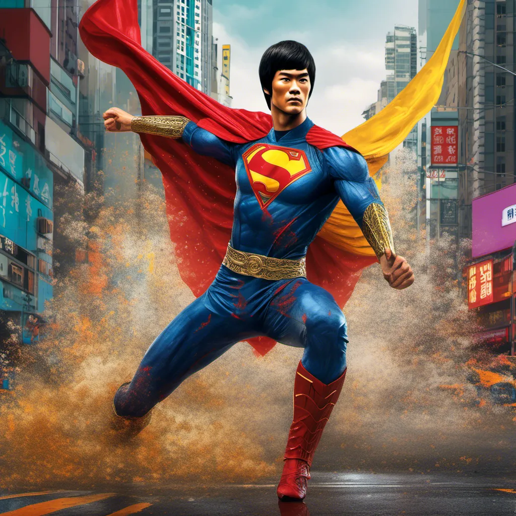 Prompt: one hybrid superhero character, Mix Bruce Lee and Superman, in realistic background of Hong kong , vibrant colors, intense facial expression, detailed armor and cape, 4K, detailed facial expression, superhero, vibrant colors, intense gaze, advertisement-worthy, realistic, detailed illustration, professional, vibrant lighting <mymodel>


