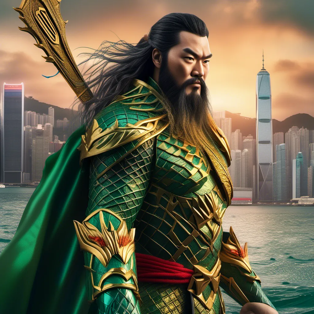 Prompt: one hybrid superhero character, Mix Guan Yu and aquaman, in realistic background of Hong Kong Harbour , firm facial expression, holding traditional chinese weapon , chinese ornaments, detailed armor and cape, 4K, detailed facial expression, superhero, vibrant colors, intense gaze, advertisement-worthy, realistic, detailed illustration, professional, vibrant lighting
<mymodel>