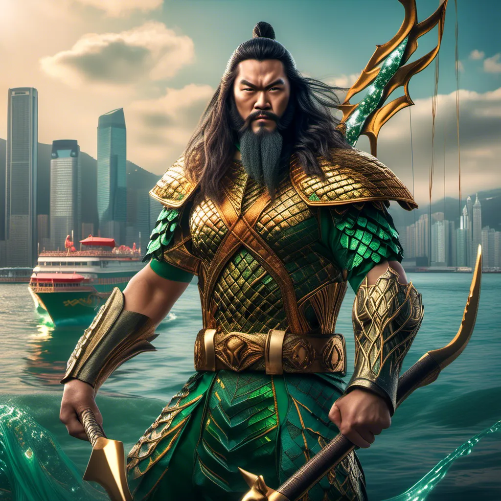 Prompt: one hybrid superhero character, Mix Guan Yu and aquaman, in realistic background of Hong Kong Harbour , firm facial expression, holding traditional chinese weapon , chinese ornaments, detailed armor and cape, 4K, detailed facial expression, superhero, vibrant colors, intense gaze, advertisement-worthy, realistic, detailed illustration, professional, vibrant lighting
<mymodel>