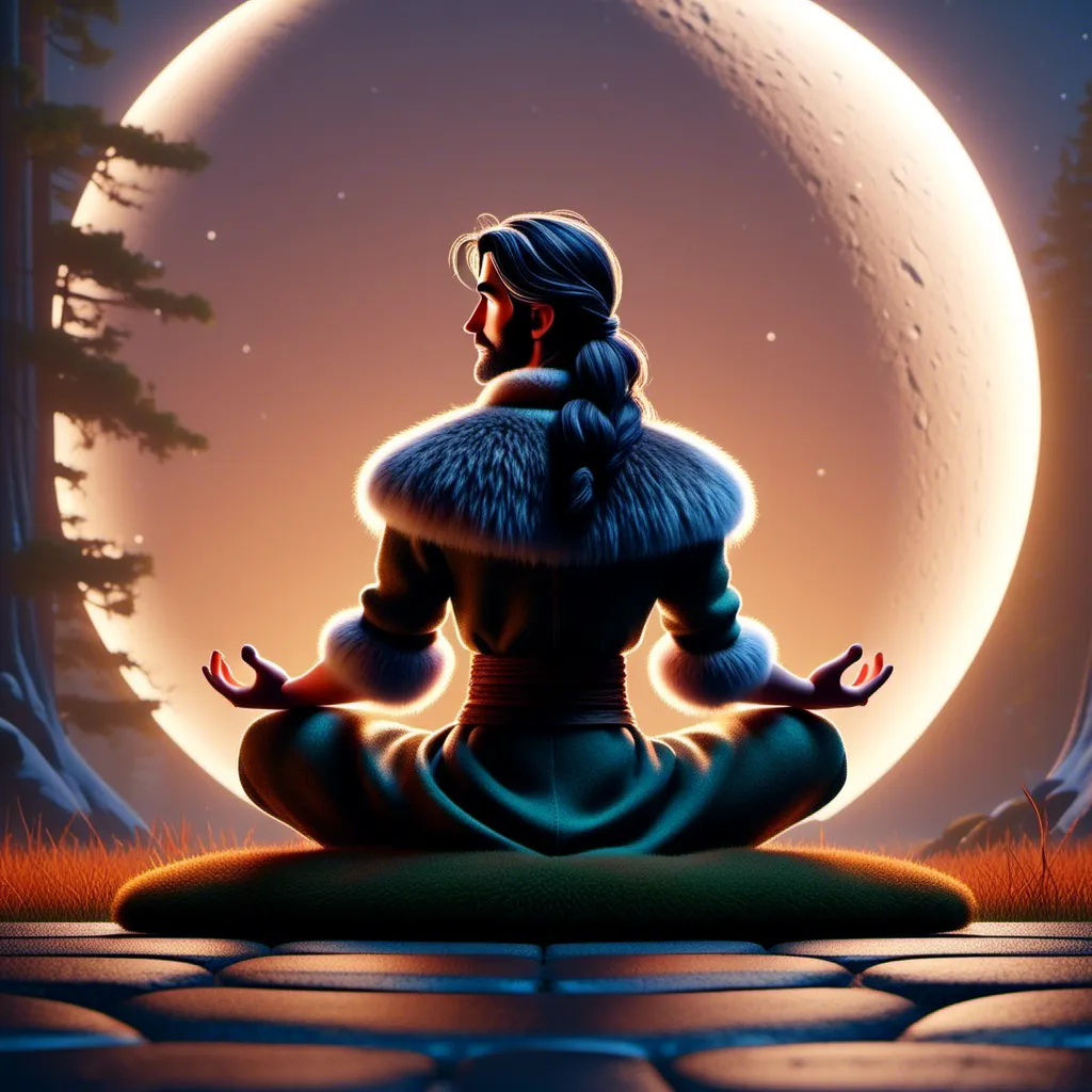 Prompt: A 3d render of <mymodel> cross legged meditating under moon light, stylized, sharp, well-defined masculine features.