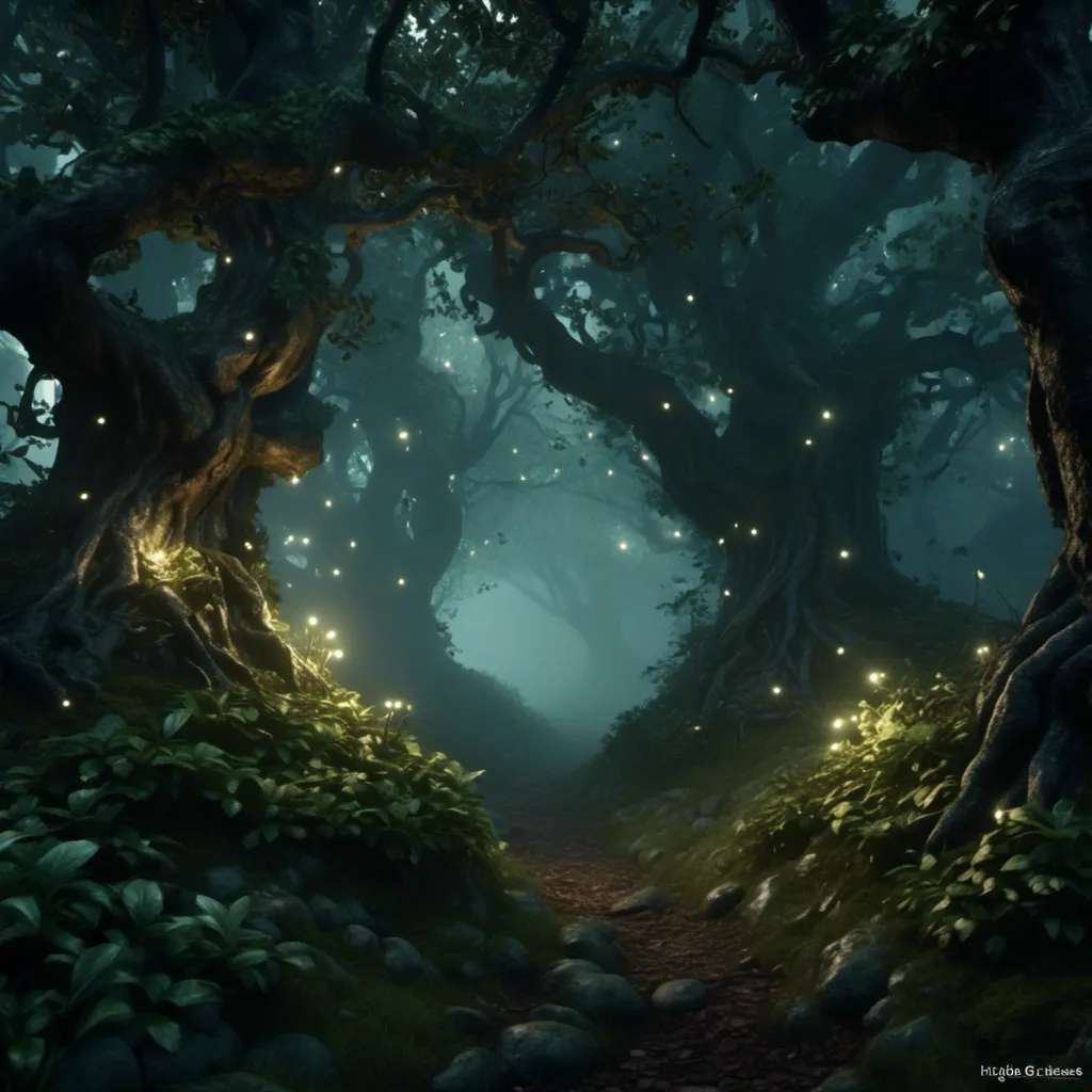 Prompt: <mymodel>Eerie forest scene, fireflies, hedges, dark and grimy, high quality, dark fantasy, atmospheric lighting, eerie glow, detailed trees and foliage, misty atmosphere, haunting, mysterious, mystical, moonlit, surreal, creepy, mysterious shadows, best quality, highres, ultra-detailed, dark fantasy, eerie, mystical, atmospheric lighting