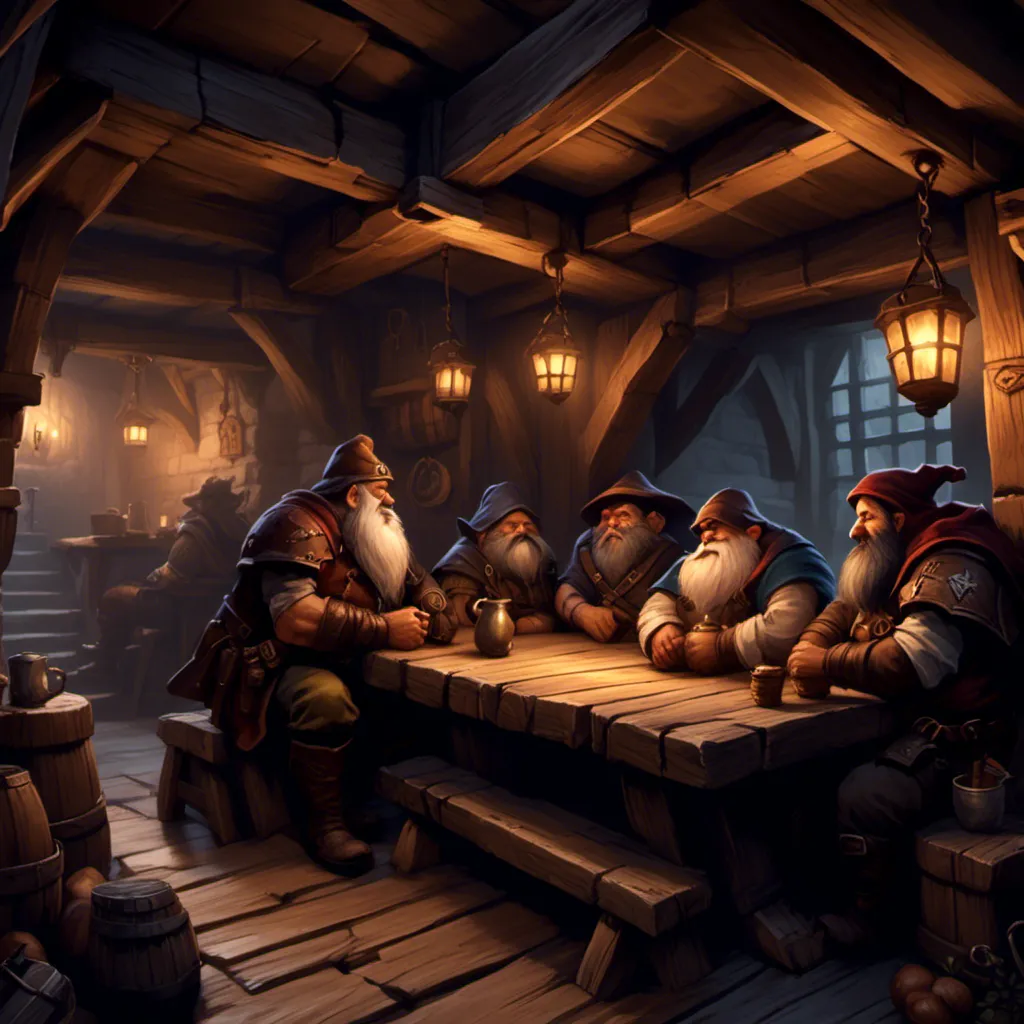 Prompt: <mymodel>Detailed illustration of warhammer Dwarfs sitting inside an inn, high-res, grimy atmosphere, eerie lighting, detailed facial features, fantasy, dark tones, atmospheric, somber mood, indoor setting, wooden furniture, low-lit, realistic textures