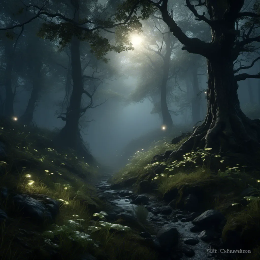 Prompt: <mymodel>Eerie forest scene, fireflies, dark and grimy, high quality, dark fantasy, atmospheric lighting, eerie glow, detailed trees and foliage, misty atmosphere, haunting, mysterious, mystical, moonlit, surreal, creepy, mysterious shadows, best quality, highres, ultra-detailed, dark fantasy, eerie, mystical, atmospheric lighting