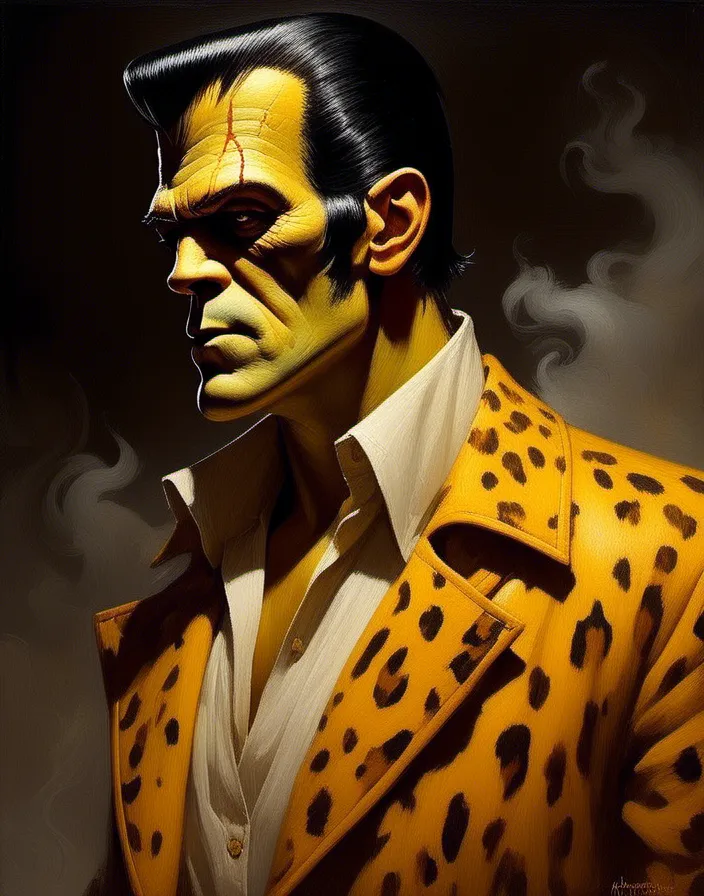 Prompt: <mymodel>Frankenstein Boris Karloff, mustard yellow skin, Elvis pompadour, leopard print jacket, beige collared undershirt, swirling stark black smoke, sinister expression, red, orange, and ochre brown colors, gothic style, highres, ultra-detailed, haggard, dramatic lighting