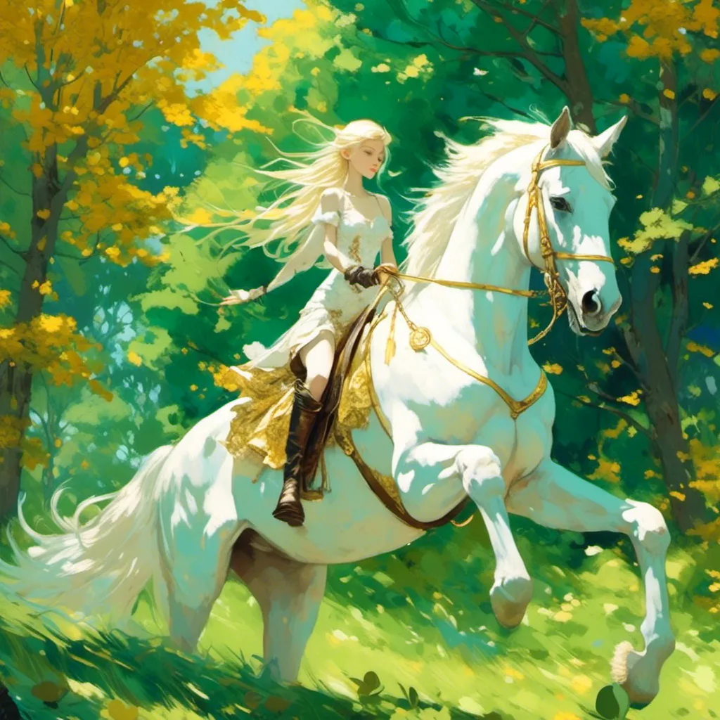 Prompt: <mymodel>(mymodel), a woman riding on the back of a majestic white horse, amidst a lush green field adorned with vibrant trees, (beautiful backdrop) featuring a giant blue and gold object bathed in warm sunlight, (furry art), inspired by Bravely Default, capturing a serene yet adventurous vibe, (ultra-detailed), resembling a screenshot.