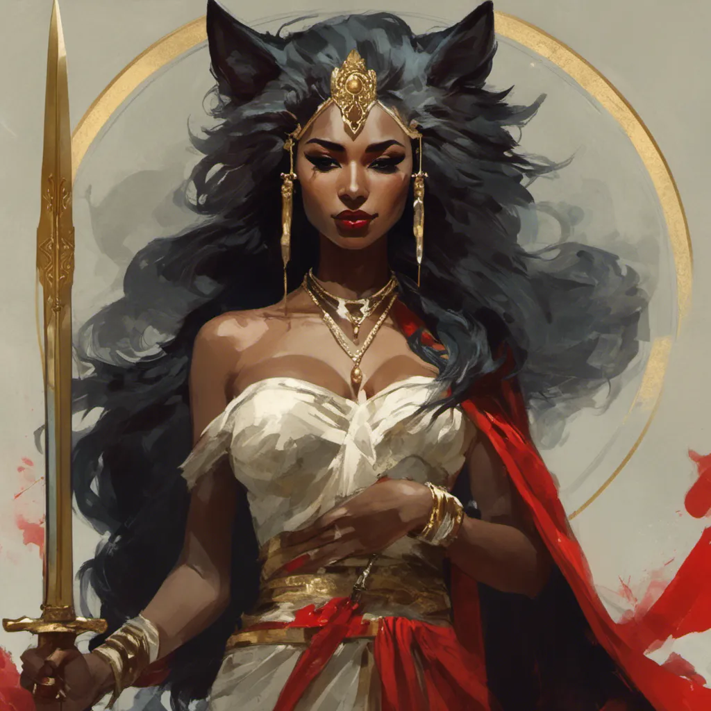 Prompt: A priestess with a wolf head wearing elegant, opulent robes. She is holding a large, ornate sword. Blood is dripping from her mouth. <mymodel> artstyle