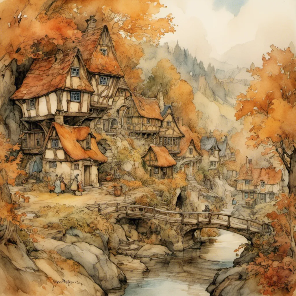 Prompt: <mymodel> hidden village in deep autumn forest, colorful, treehouses