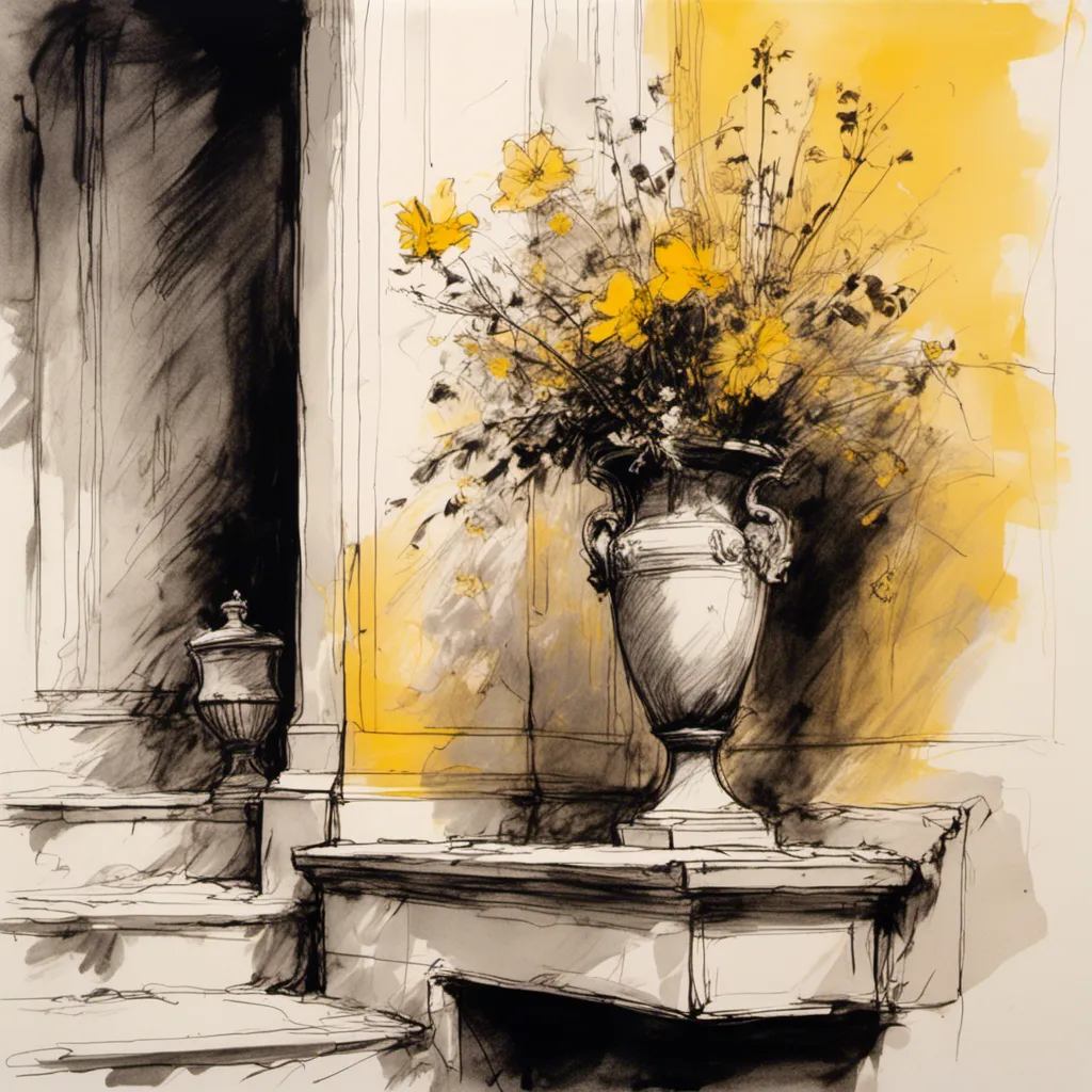 Prompt: <mymodel> a drawing of a vase with flowers yellow on a ledge next to a pillar and a flower pot with a flower, Ann Thetis Blacker, modern european ink painting, trending on art station, an ultrafine detailed painting