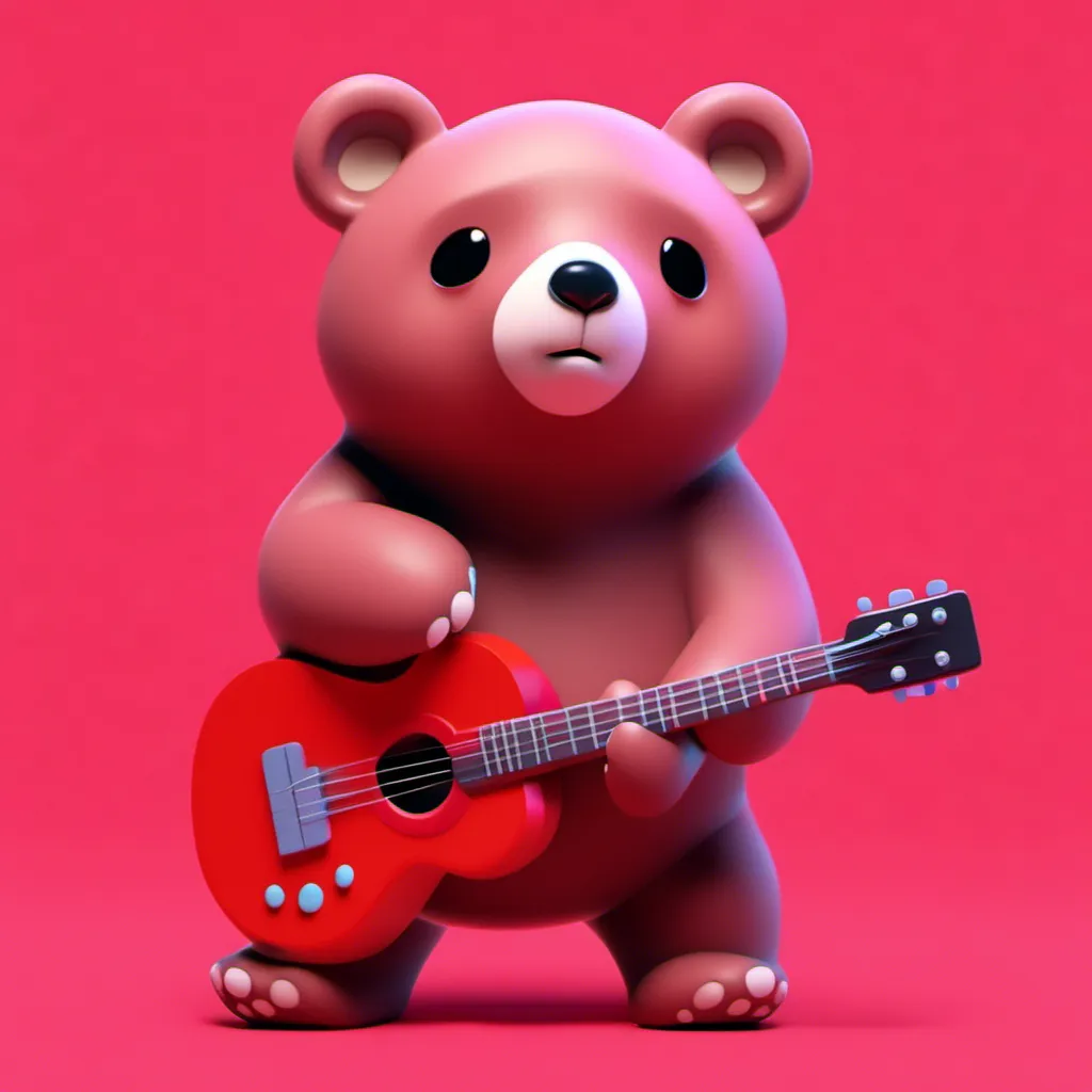 Prompt: <mymodel> a 3d render of kawaii bear with a guitar on a red background