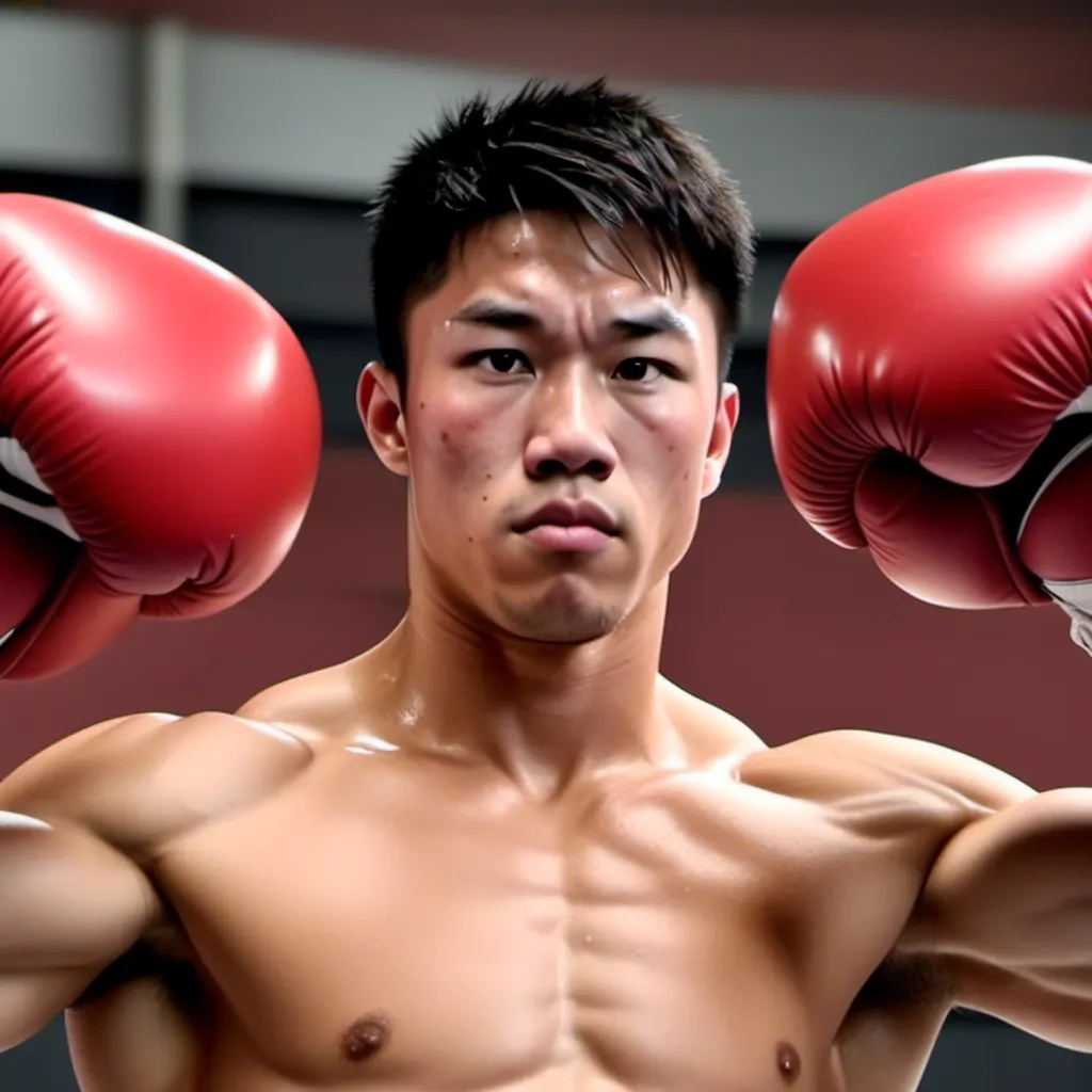 Prompt: <mymodel>high resolution, 4k, detailed, high quality, professional, wide view
Sweaty muscle boxing guy. Big red boxing gloves. Sweaty armpits. Asian young faces. Strong punches. Smooth face and big eyes.