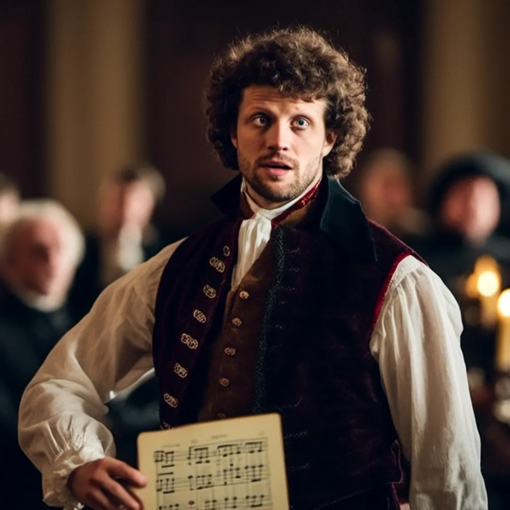 Prompt: photo. Medium shot of <mymodel> who is the main star and soloist of orchestry. Baroque era and style. We see musicians behind <mymodel>. He is performing and singing, holding sheets of music in his hands, dressed in period costume and wearing a wig. The lighing and atmosphere are ambient in the style of Rembrandt. 