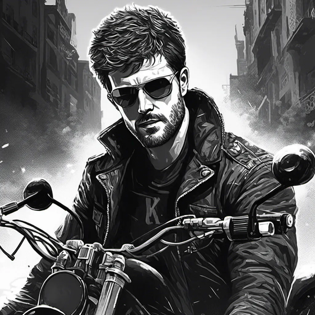 Prompt: Terminator-themed illustration of <mymodel> on a motorcycle, monochromatic, sunglasses, holding a gun, intense and cool expression, detailed shadows, high contrast, black and white, futuristic, urban setting, sleek design, professional, monochrome, motorcycle, detailed sunglasses, intense gaze, firearm, highres, ultra-detailed, cyberpunk, powerful lighting