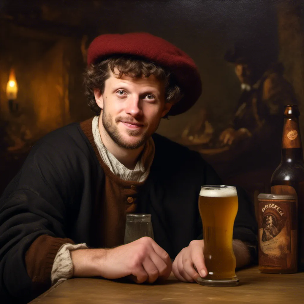 Prompt: Baroque oil painting in Rembrandt style, ambient lighting. Baroque historical era in a pub. Medium shot portrait of <mymodel>, happy but poor, wearing a destroyed hat, but looks handsome. <mymodel> sits beside the old table. There is beer, sausages, buttermilk, herring fillets, fish salad, and a big jar of whole pickles with a label with the letter M.

The painting is framed in a baroque style with big ornaments, black, wooden, and it is clearly visible that in the picture frame ornament there are a few gold motifs of baroque music like music sheets, notes, music symbols, and baroque musical instruments.

The painting is hanging in a museum on the wall with a wooden floor.