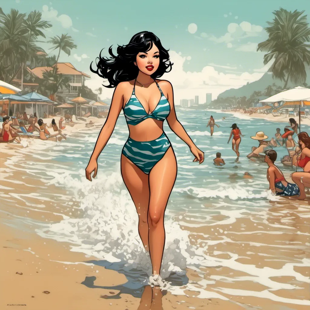 Prompt: <mymodel> A comic book illustration in the style of Frank Cho of a woman wearing a swimsuit walking on the beach.
