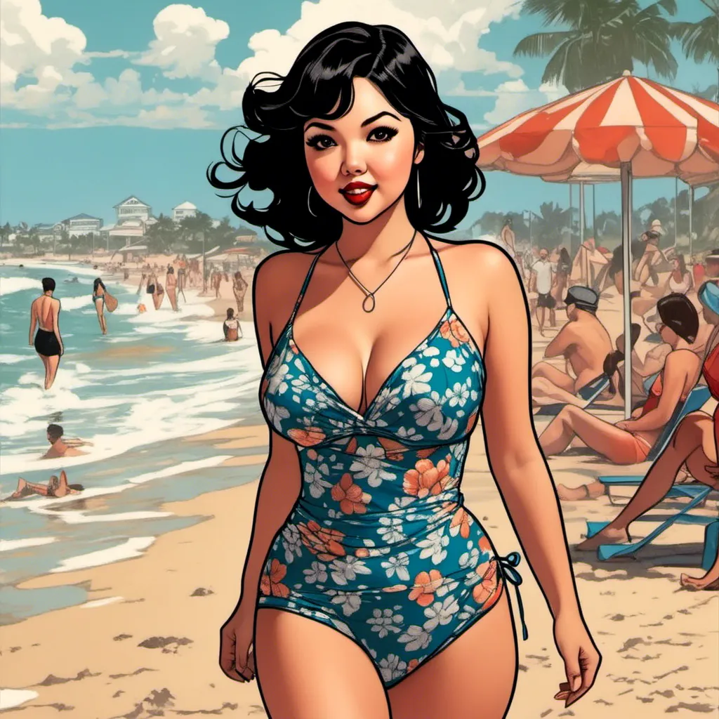 Prompt: <mymodel> A comic book illustration in the style of Frank Cho of a woman wearing a swimsuit walking on the beach.