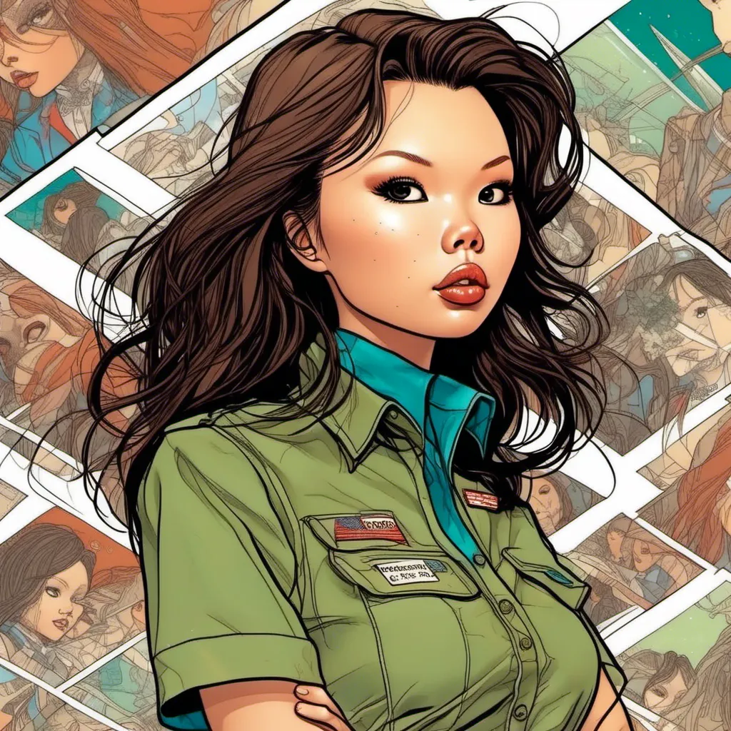 Prompt: <mymodel>Woman wearing a girl scout uniform, looking to her left, comic book illustration in the style of Dave Stevens.