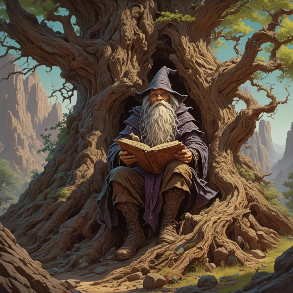 Prompt: <mymodel>Gnome sitting in a tree, mythical forest landscape, intricate tree roots, vibrant colors, magical atmosphere, detailed foliage, whimsical, warm and soft lighting, high quality, fantasy, vibrant, mystical, detailed tree bark, cozy, professional, atmospheric lighting