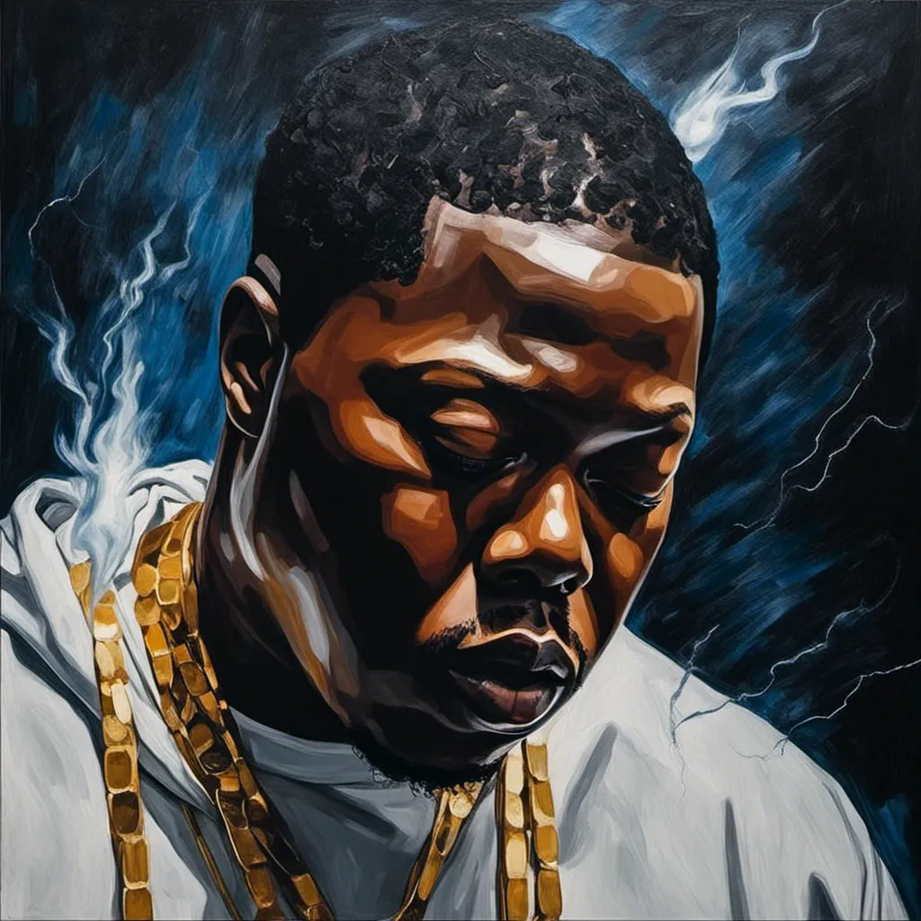 Prompt: <mymodel> REALISTIC OIL PAINTING STYLE ,  as Rapper Z-RO, sweaty, eyes closed, passionate capture, singing into a professional studio microphone in a texas rap music recording session album cover, smoking a fat rolled philly weed blunt with small bursts of blue lightning spurting from his mouth, taper fade edge up hairline