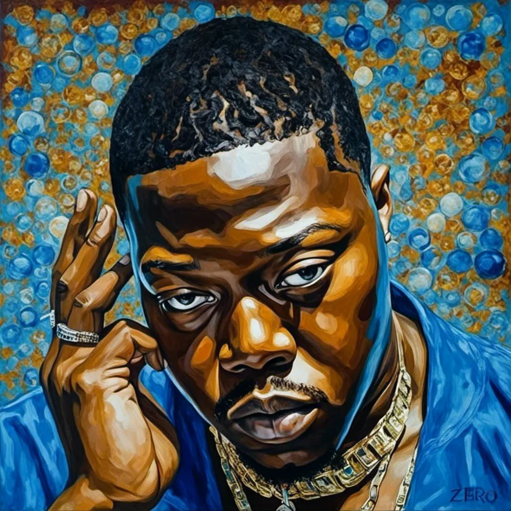 Prompt: <mymodel> professional oil painting style, blue aura, as a powerful decorated highly renowned houston texas boxer, smirking showing his diamond shiny teeth, with a super powerful white eastern heavenly dragon with blue eyes in the background behind him in the blue corner, named Z-RO