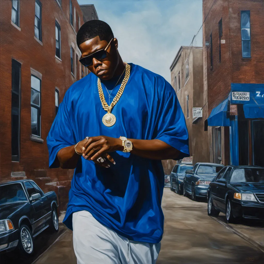 Prompt: <mymodel> REALISTIC OIL PAINTING STYLE ,  as Rapper Z-RO, sweaty, eyes closed, passionate capture, walking by himself down a dark houston texas backstreet, wearing a very big diamond medallion jewelry pendant that reads: Z-RO, embedded in Blue Jewels