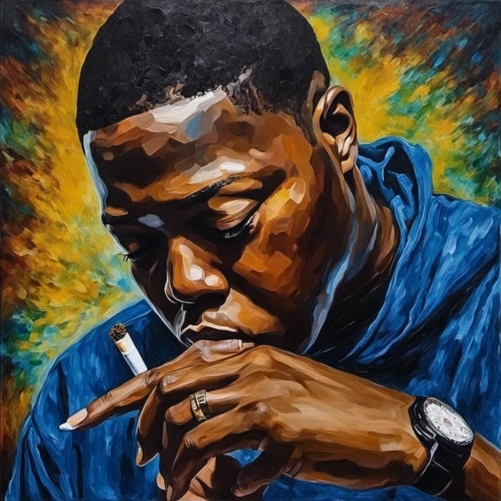 Prompt: <mymodel> OIL PAINTING STYLE, smoking a lit weed backwood at night time like a boss in the ghetto hood streets of missouri city, texas southwest houston texas 