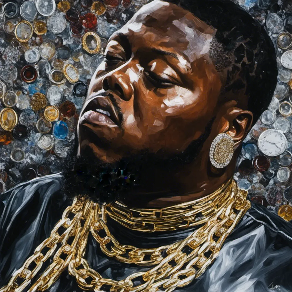 Prompt: <mymodel> REALISTIC OIL PAINTING STYLE ,  as Rapper Z-RO, sweaty, eyes closed, passionate capture, walking by himself down a dark houston texas back street completely covered in icey sparkly jewelry from rings and watches to chains and ear rings