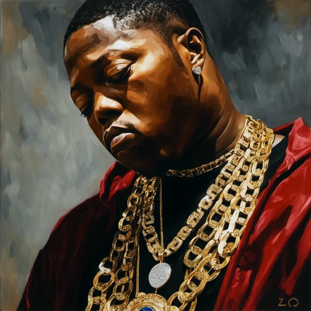 Prompt: <mymodel> REALISTIC OIL PAINTING STYLE ,  as Rapper Z-RO, sweaty, eyes closed, passionate capture, walking by himself down a dark houston texas backstreet, wearing a very big diamond medallion jewelry pendant that reads: Z-RO