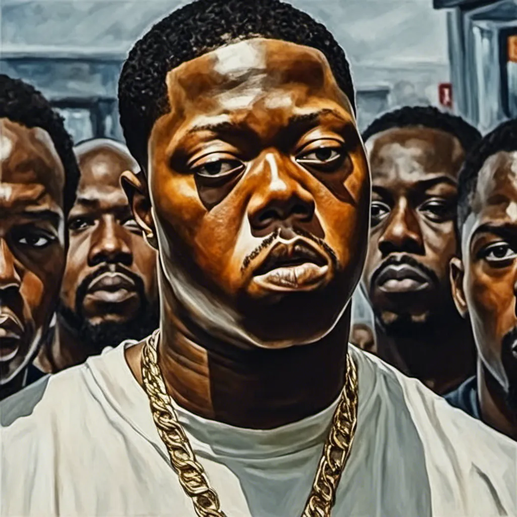 Prompt: <mymodel> REALISTIC OIL PAINTING STYLE ,  as Rapper Z-RO, sweaty, eyes closed, passionate capture, g checking a group of men at a gas station how won't stop staring at him, mean mug, aggressive nature,