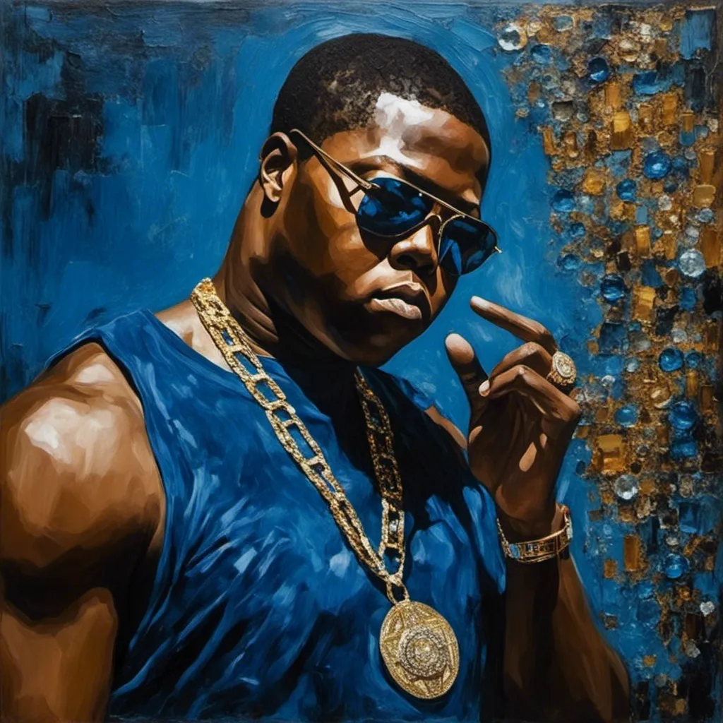 Prompt: <mymodel> REALISTIC OIL PAINTING STYLE ,  as Rapper Z-RO, sweaty, eyes closed, passionate capture, walking by himself down a dark houston texas backstreet, wearing a very big diamond medallion jewelry pendant that reads: Z-RO, embedded in Blue Jewels