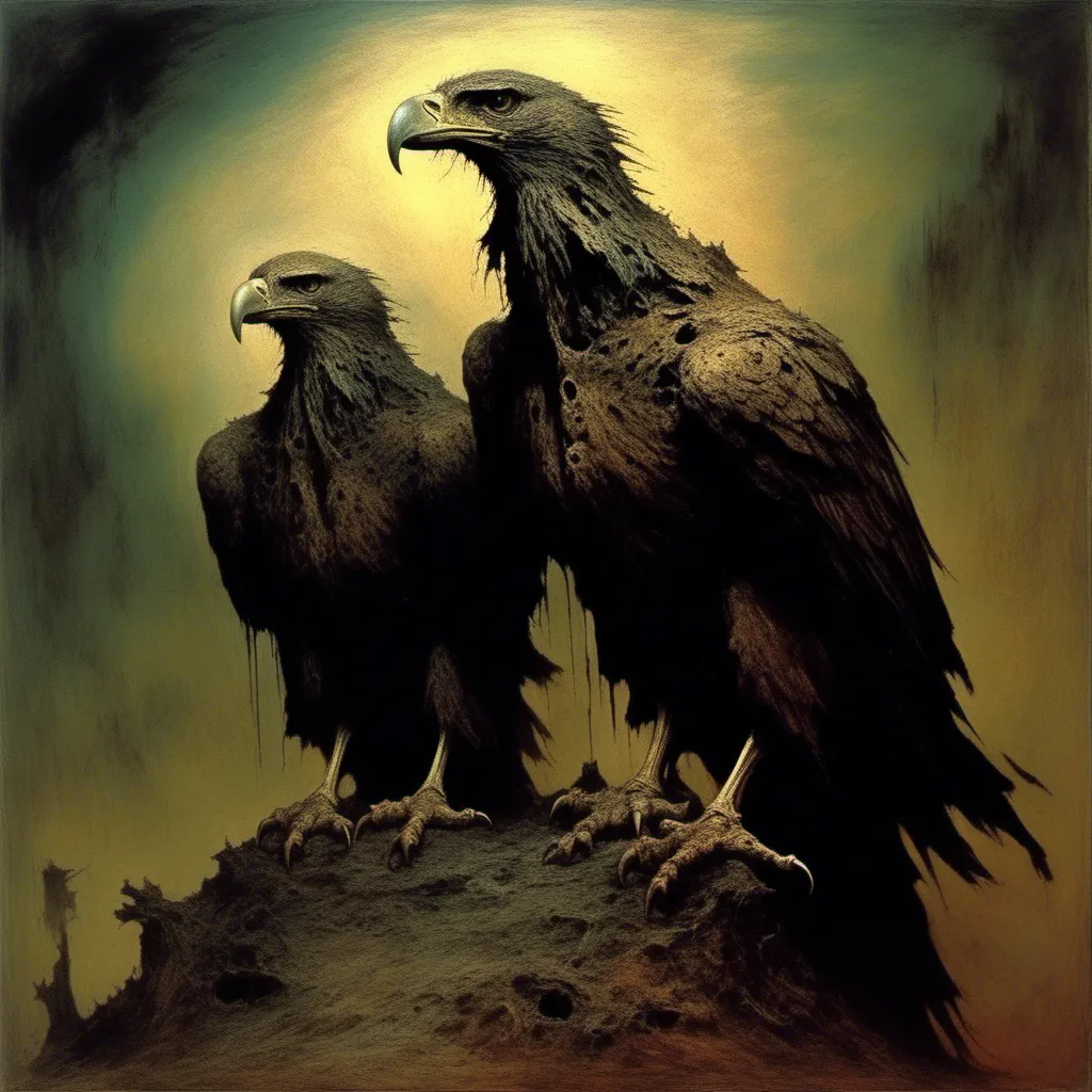 Prompt: <mymodel>carnivorous eagle with one neck and two faces, different sizes, looking in different directions, painting by Zdzislaw Beksinski, james gurney, grotesque, horror, gory