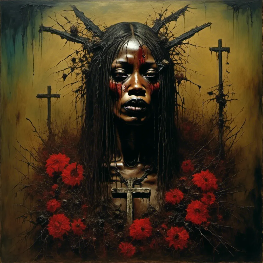 Prompt: <mymodel>surreal masterpiece painting of a carnivorous Naomi Campbell, (in the styles of james gurney, Zdzislaw Beksinski, dali), Crucifix, Wilted Flowers, Raven