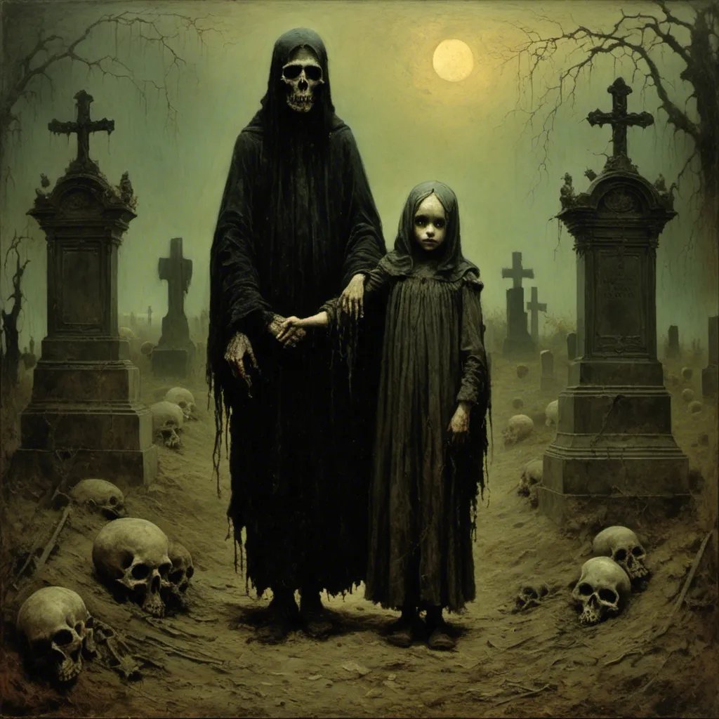 Prompt: <mymodel>a surreal grotesque painting by james gurney, Zdzislaw Beksinski, gothic style, two children holding hands in a graveyard, grotesque, horror