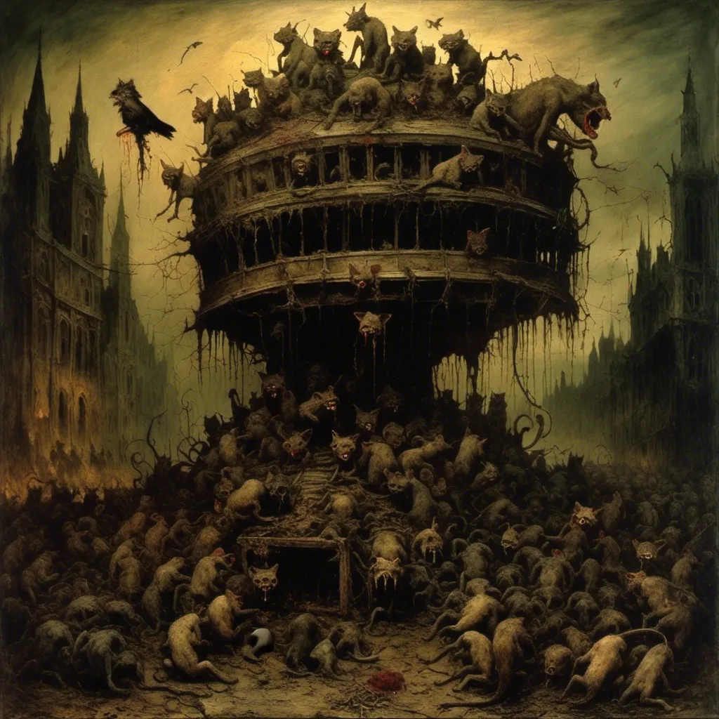 Prompt: <mymodel>a surreal grotesque painting by james gurney, max earnst, Zdzislaw Beksinski, gothic style, carnivorous cat salivating with bloody teeth, grotesque, horror, rats, snakes, frogs, guillotine, shackles