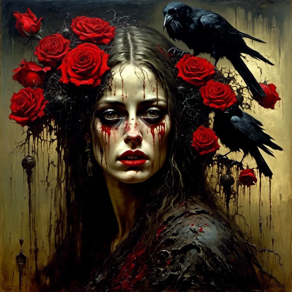 Prompt: <mymodel>surreal masterpiece painting of a carnivorous gothic hannah jeter, big busted, (in the styles of james gurney, Zdzislaw Beksinski), black and red roses, a raven, melting clocks