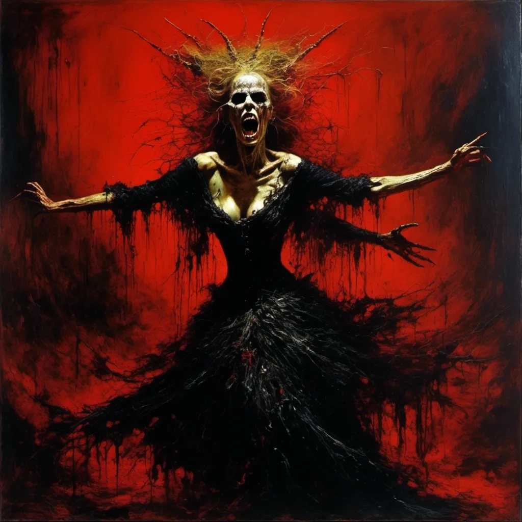 Prompt: <mymodel>a surreal style masterpiece painting of a carniverous elle macpherson consumed by a supernatural energy, her body contorted in an otherworldly dance. (in the styles of james gurney, Zdzislaw Beksinski),  horror