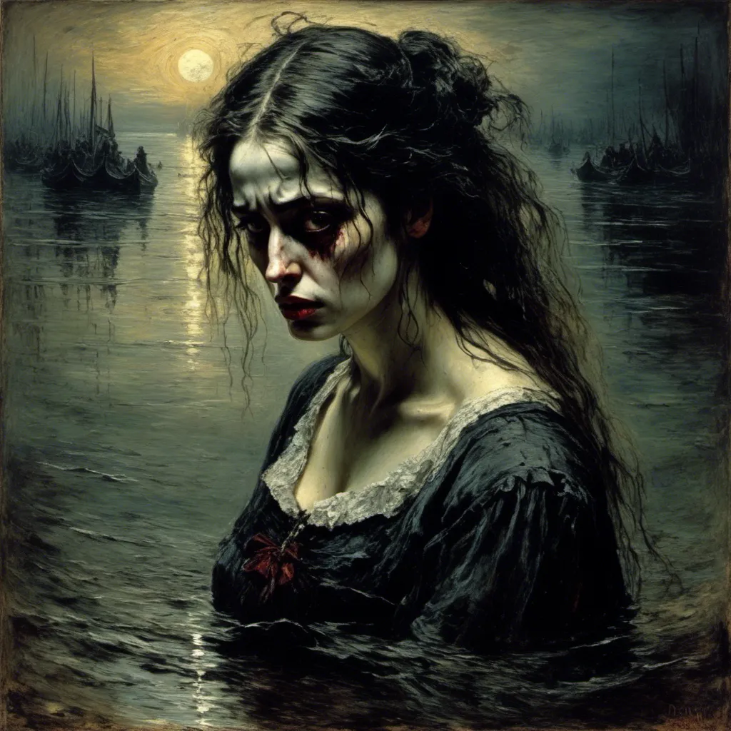 Prompt: <mymodel>woman mirror herself on the surface of water, her sadness reflects on the serenity,tranquilty of the water, wounds on face, perfect composition, dramatic lighting, horror Gustave Doré, Greg Rutkowski