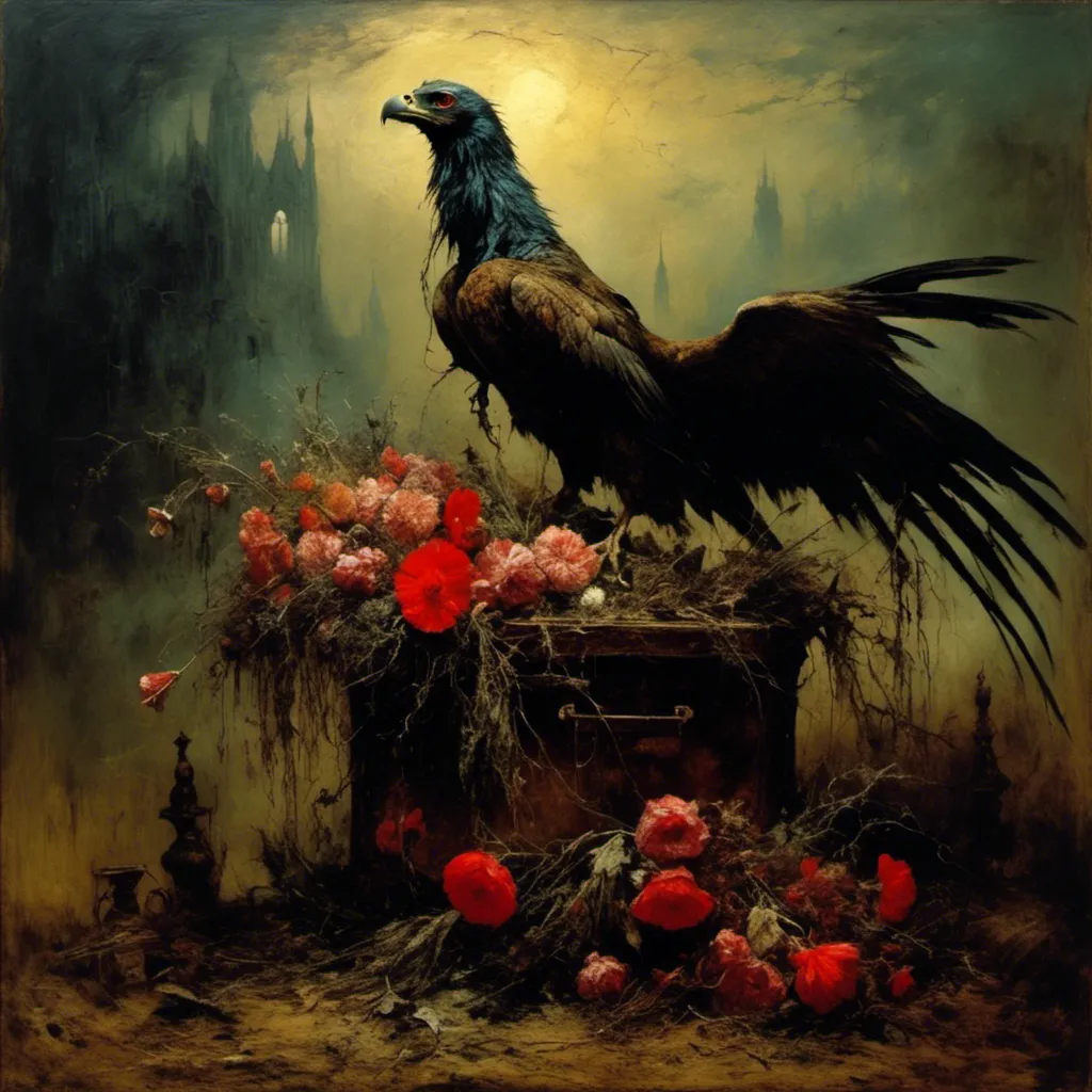 Prompt: <mymodel>surreal masterpiece painting of a carnivorous Zoe Saldana, (in the styles of james gurney, Zdzislaw Beksinski), Coffin, Wilted Flowers, Vulture