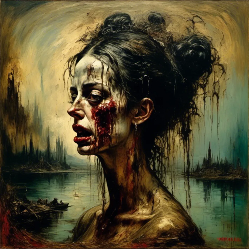 Prompt: <mymodel>a surreal painting of a woman seeing the reflection of her grotesque face on the surface of the lake, wounds on face, in the style of dali's masterpiece raphaelesque head exploding