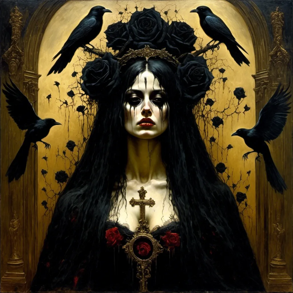 Prompt: <mymodel>surreal masterpiece painting of a carnivorous gothic shakira, big busted, (in the styles of james gurney, Zdzislaw Beksinski), black roses, a raven, crucifix