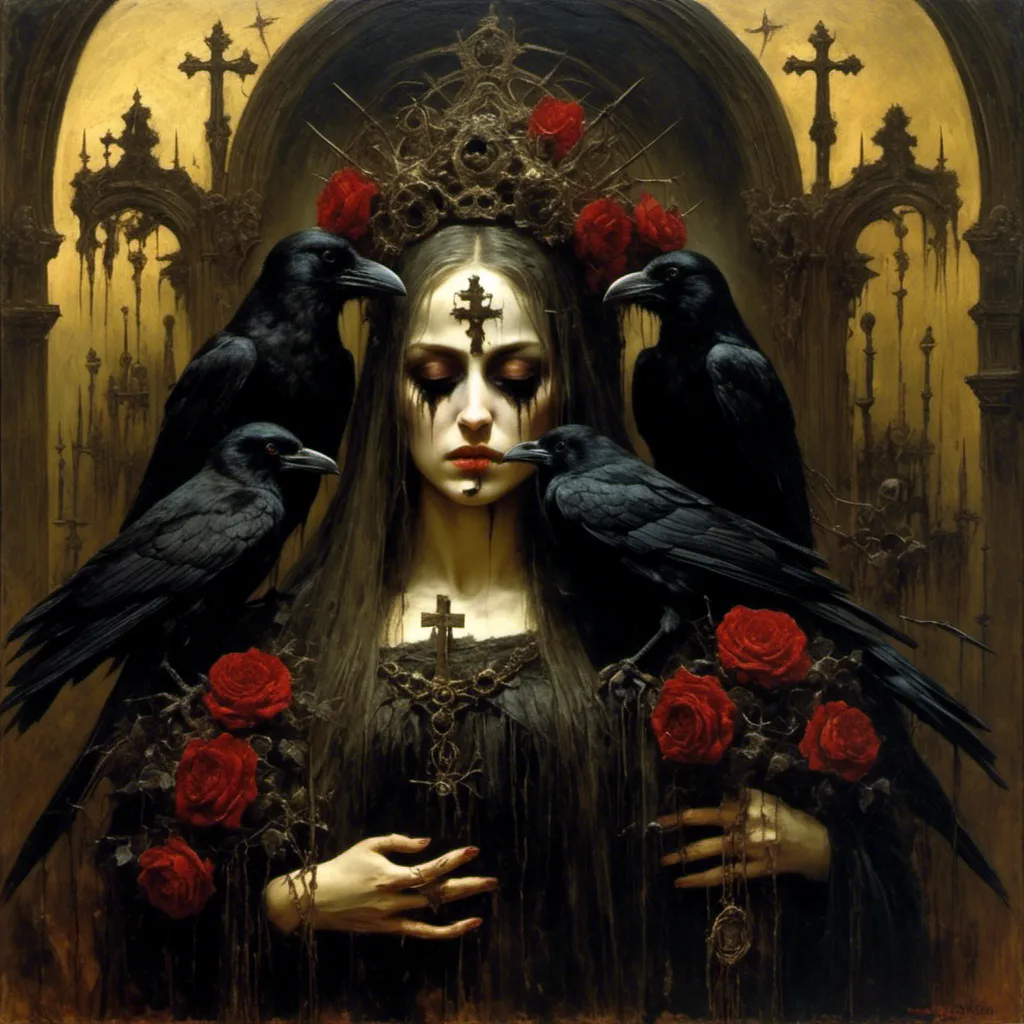Prompt: <mymodel>a surreal style masterpiece painting of a gothic shakira, big busted, closeup in a grotesque setting  (in the styles of james gurney, Zdzislaw Beksinski), black roses, a raven, crucifix, horror