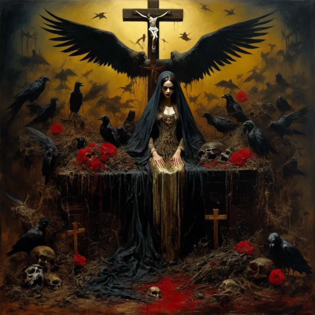 Prompt: <mymodel>surreal masterpiece painting of a carnivorous Miranda Kerr, (in the styles of james gurney, Zdzislaw Beksinski), Crucifix, Coffin, Wilted Flowers, Vulture, Raven