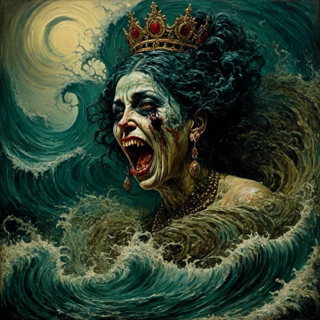 Prompt: <mymodel>painting of Queen Djinn of ocean in spiral wave water, closeup shot, in intricate clothing, horror, disease, peeling skin, zombie, gross, Perfect Composition