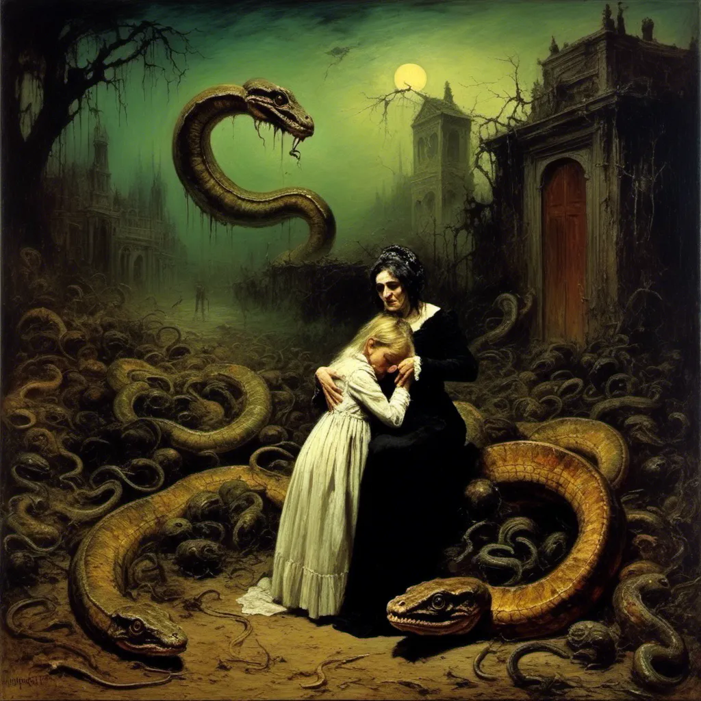 Prompt: <mymodel>a surreal painting, James Gurney, Magritte, of a grotesque carnivorous mother comforting her daughter, snakes, a scorpion