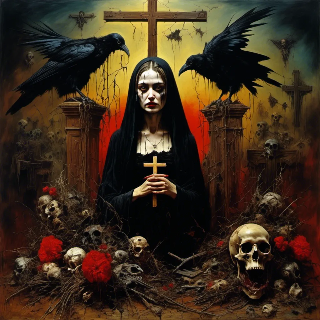 Prompt: <mymodel>surreal masterpiece painting of a carnivorous Miranda Kerr, (in the styles of dali, james gurney, Zdzislaw Beksinski), Crucifix, Coffin, Wilted Flowers, Vulture, Raven