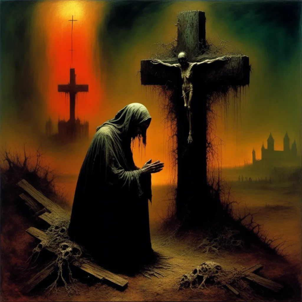 Prompt: <mymodel>woman with leprosy praying in front of cross, painting by Zdzislaw Beksinski, james gurney, grotesque, horror, gory