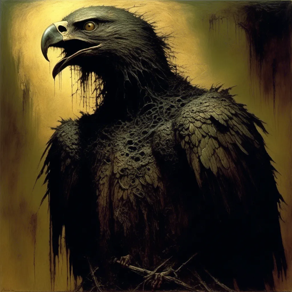 Prompt: <mymodel>(carnivorous man's face:1.5) (gripped in the talons:1.5) of a large possessed eagle, medium shot, painting by Zdzislaw Beksinski, james gurney, grotesque, horror, gory