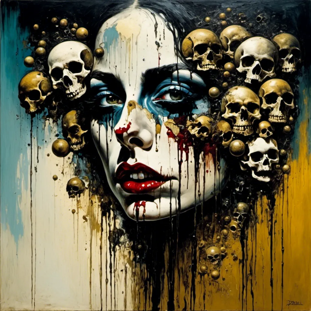 Prompt: <mymodel>surreal masterpiece painting of mila kunis's face fragmented into spheres, in the style of Salvador Dali, skulls, dripping oil