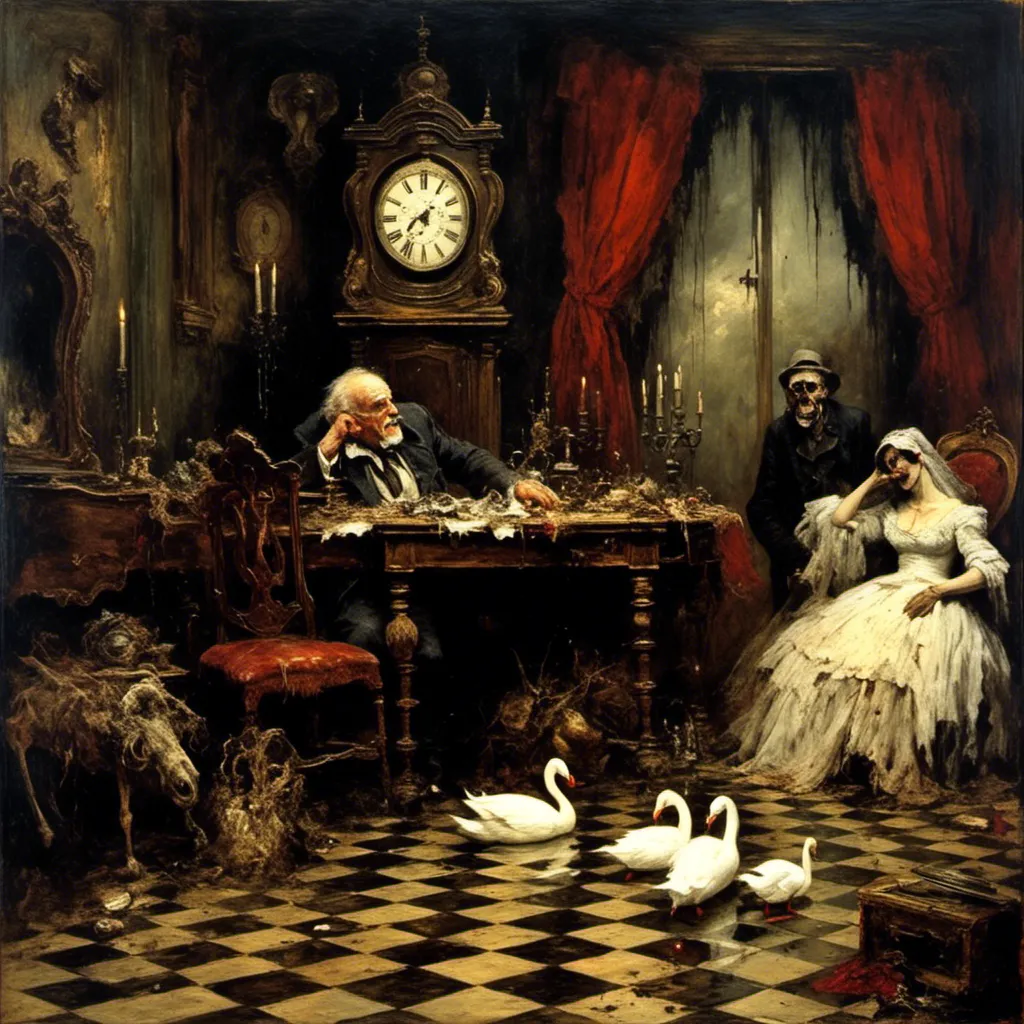 Prompt: <mymodel>a grotesque surreal masterpiece painting in the style of james Gurney, morski, a mother and daughter infected with plague, rotting flesh, in a dreamscape with a checkerboard floor crumbling into a river, a grandfather clock, giant roaches, and a white swan